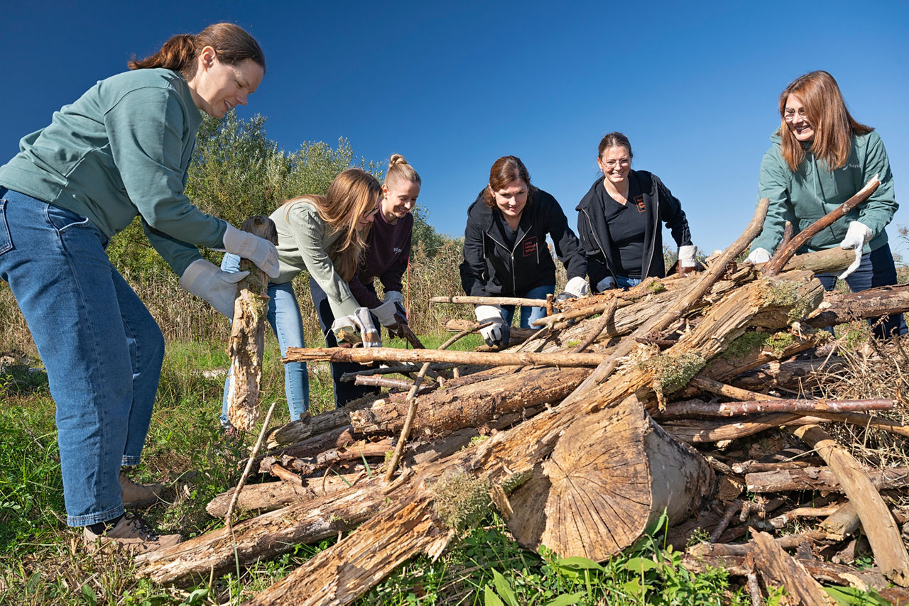 Gruppe von Personen schichten einen Holzhaufen auf.