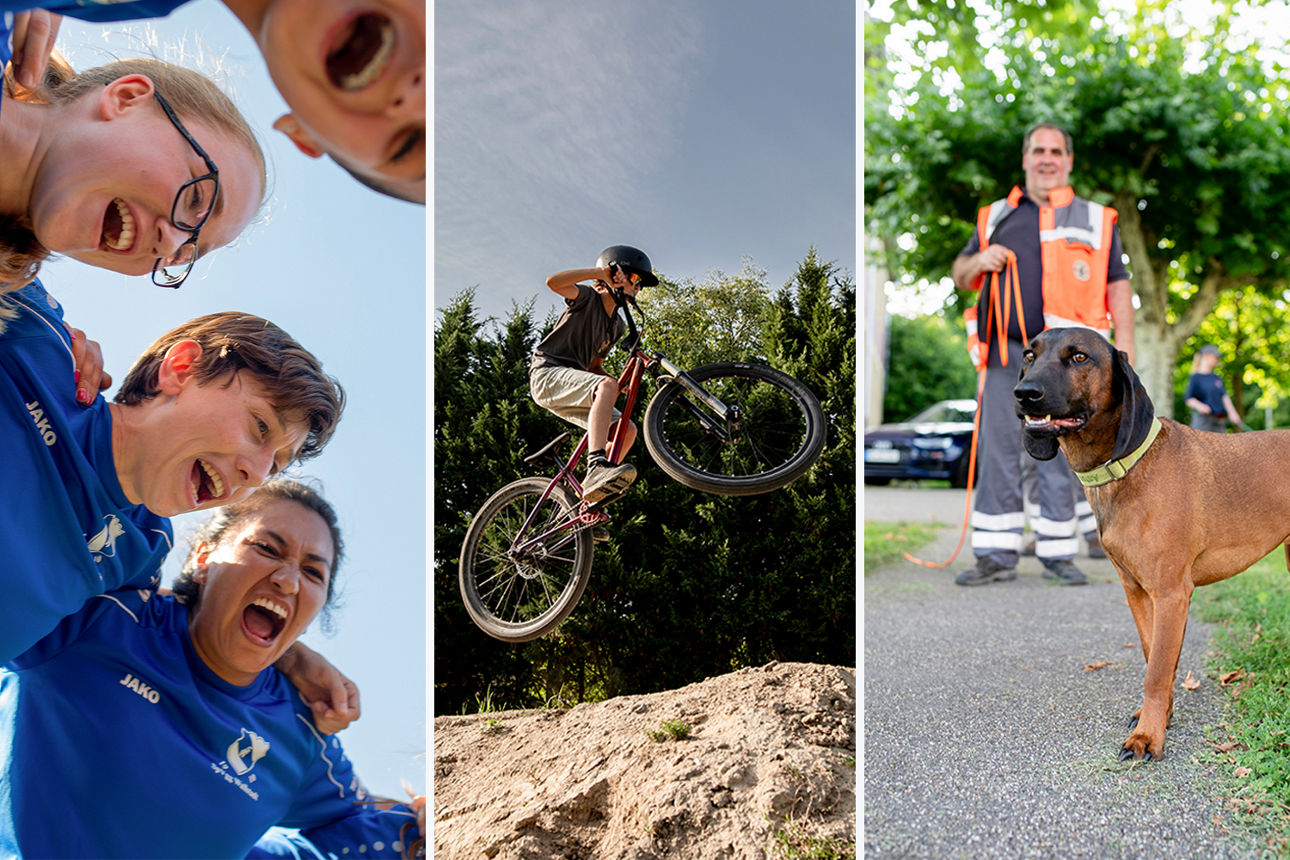 Fussballmanschaft feiert Sieg, cooler Biker mit MTB springt über Hügel. Hundeführer Rettungsstaffel