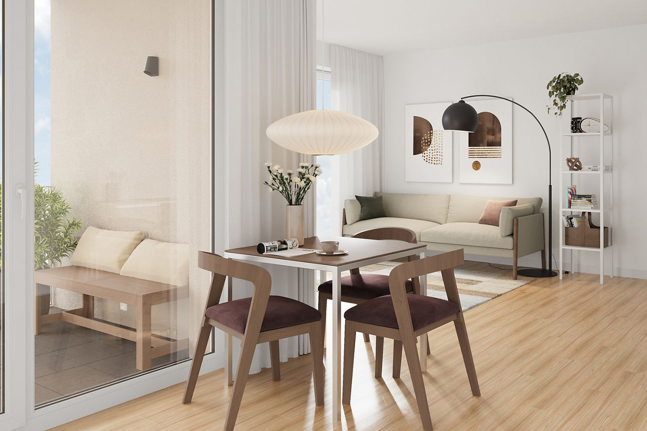 Heller Wohn- und Essbereich mit Esstisch, Sofa, Balkon und offener Küche.