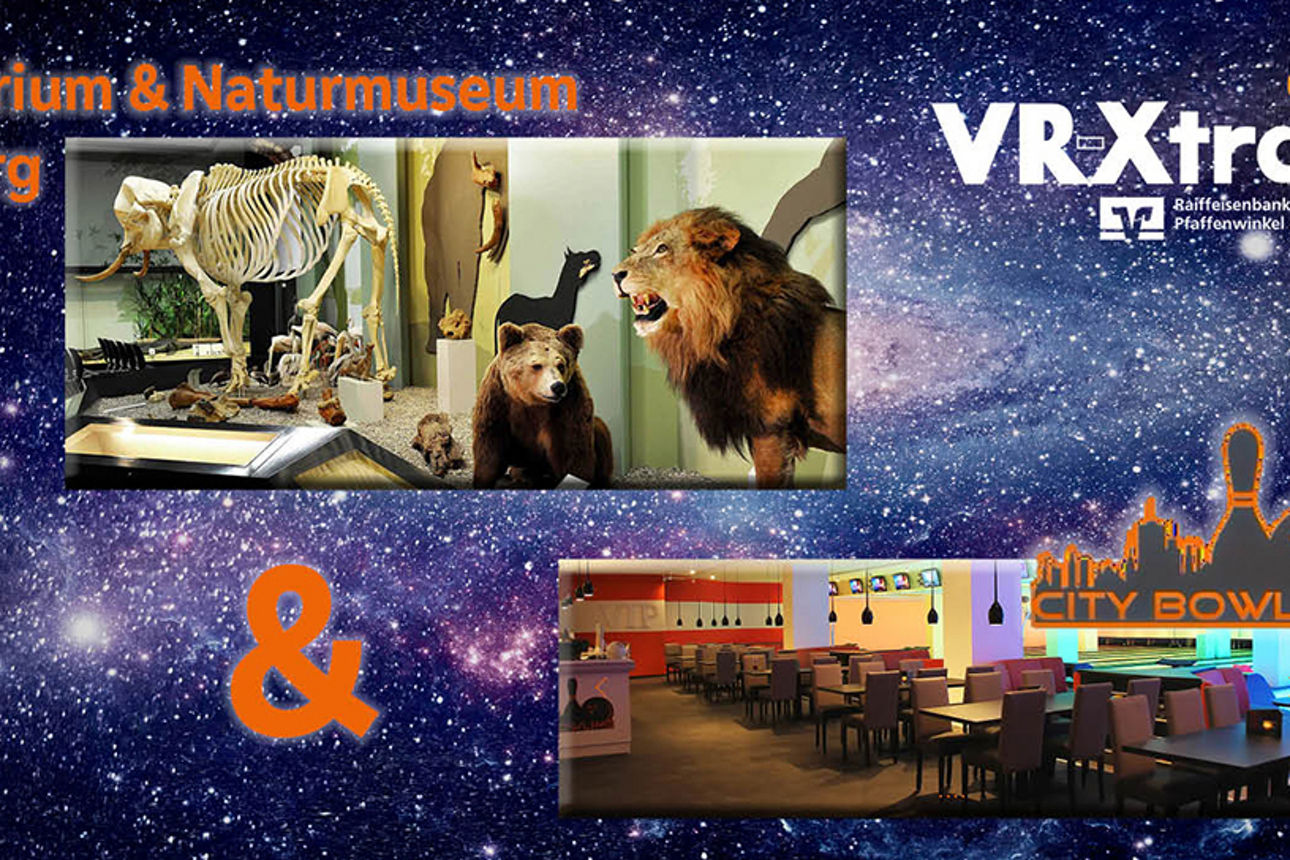 Weltall Hintegrund mit Bild vom Naturmuseum und CityBowling