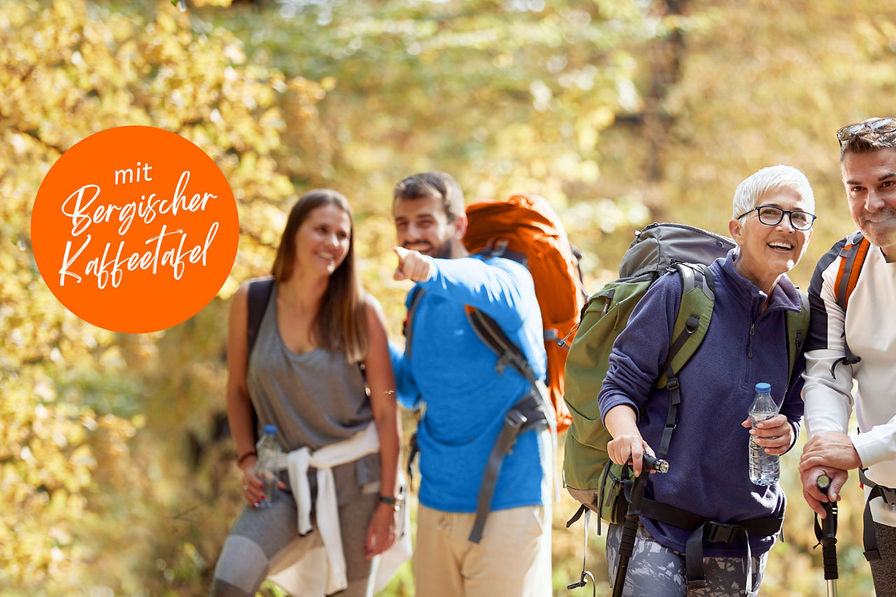 Vier Personen sind wandernd im Herbstwald unterwegs. Mit Rucksäcken und Wanderstöcken ausgestattet, lacht die Gruppe.