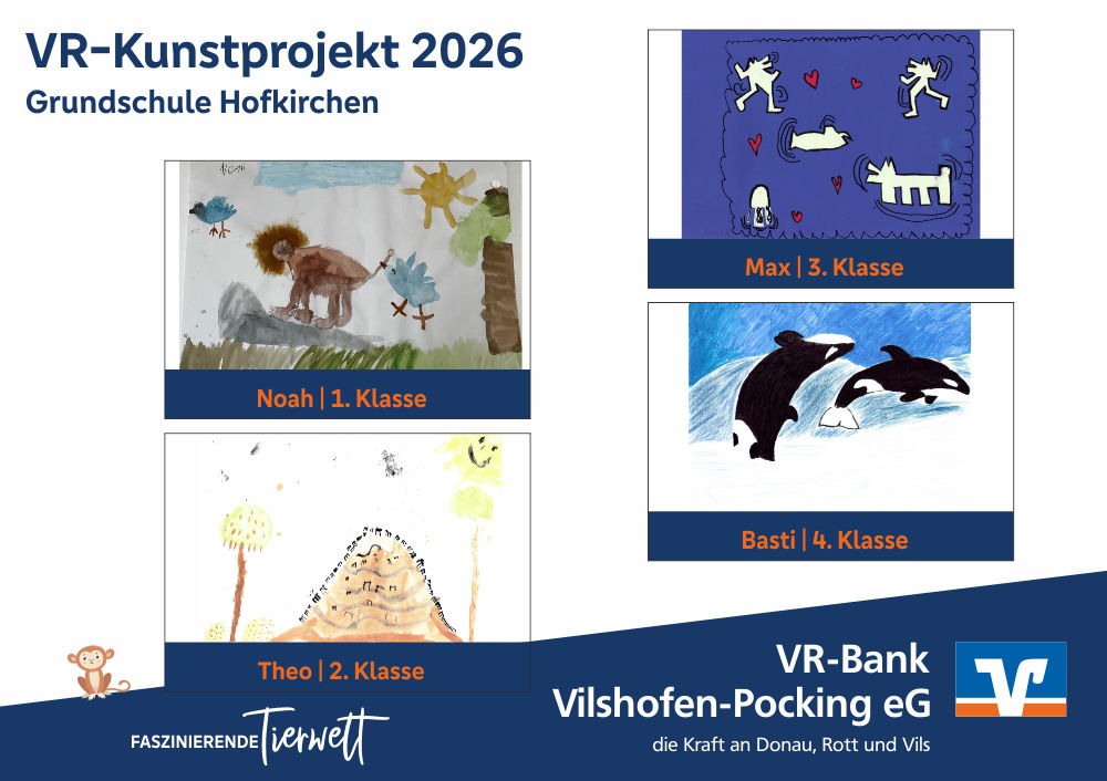 Die vier Gewinnerbilder VR-Kunstprojekt 2026, Grundschule Hofkirchen: Löwe, abstrakte Darstelllung, Ameisen, Orkas.