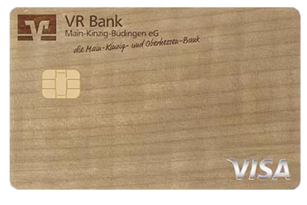 Abbildung Holzkreditkarte VISA der VR Bank Main-Kinzig-Büdingen