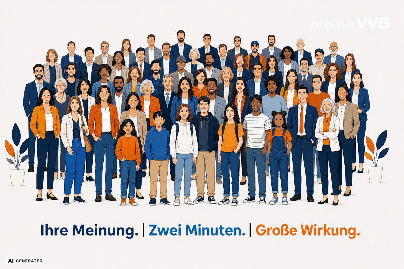 Viele Menschen groß und klein stehen lächelnd mit den Gesichtern nach vorne - Bild AI generated