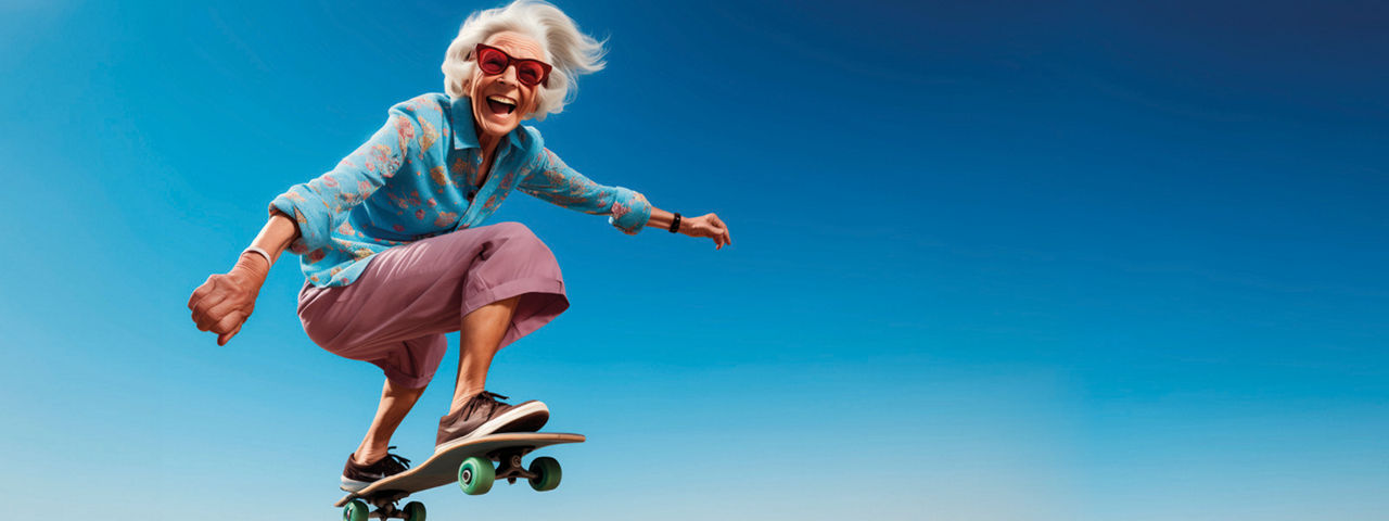 Oma auf einem Skateboard