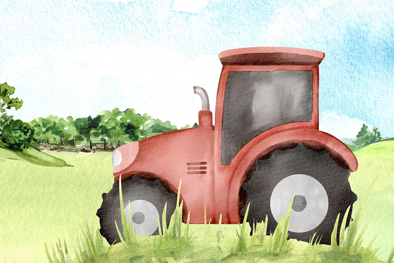 Roter Traktor auf dem Feld
