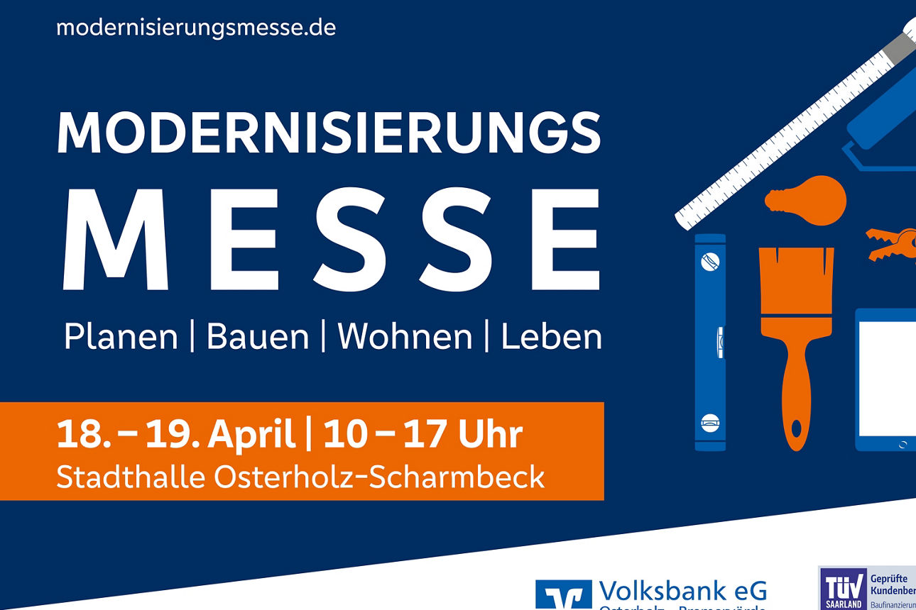Messeplakat mit Datum 18. und 19. April und Partnerlogo Stadtwerke und Volksbank