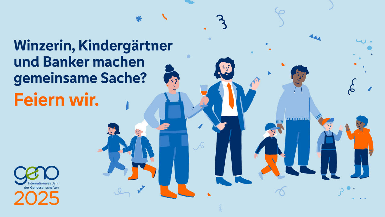 Eine Illustration von verschiedenen Personen. Konfetti regnet über sie.