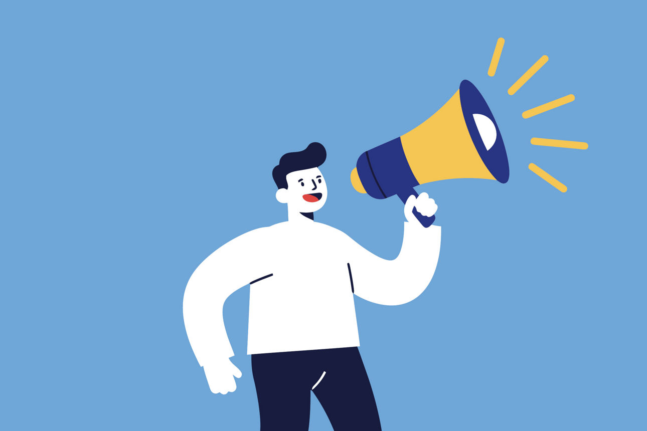 gezeichnete Person mit Megafon in der Hand auf blauem Hintergrund
