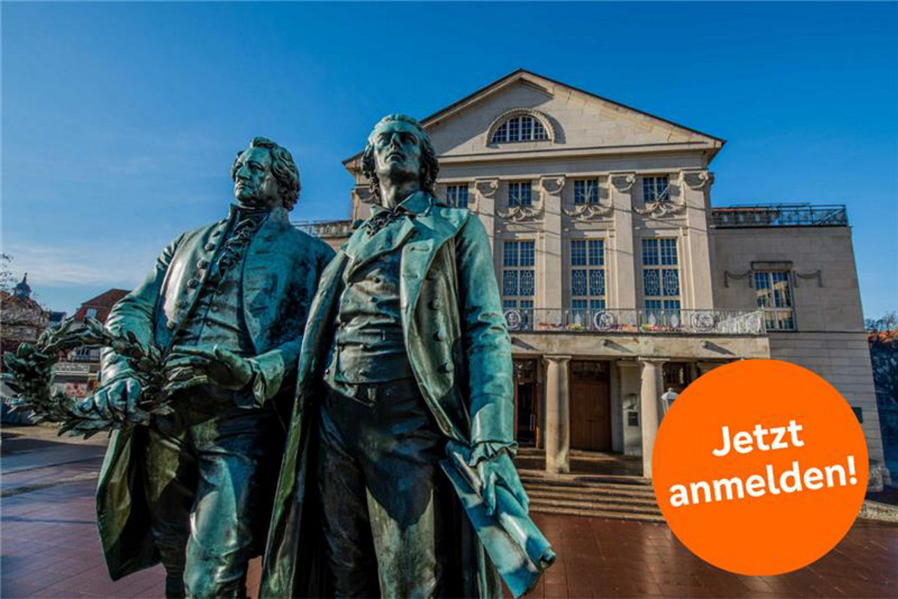 Foto: Goethe-Schiller-Denkmal - Text in orangenem Button: Jetzt anmelden!