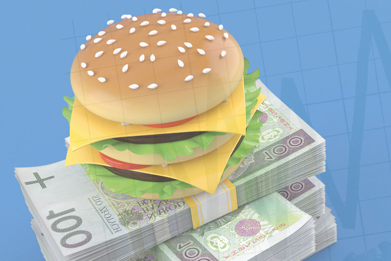 Burger mit Geldscheinen und Börsenverlauf