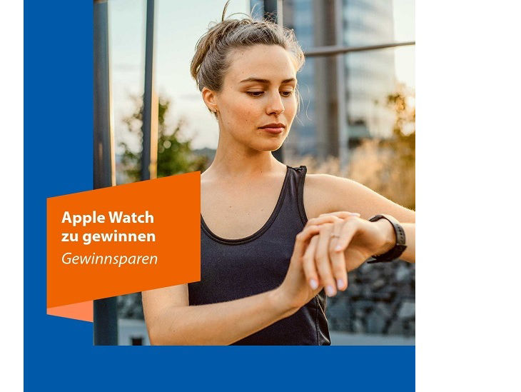 Eine Frau im Sport-Outfit schaut auf ihre Armbanduhr; dazu der Text "Apple Watch zu gewinnen"