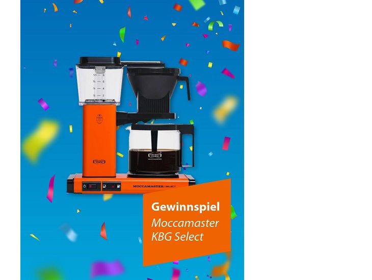 Eine orange-farbene Kaffeemaschine Hintergrund mit Konfetti; dazu der Text "Gewinnspiel - Moccamaster KBG Select"
