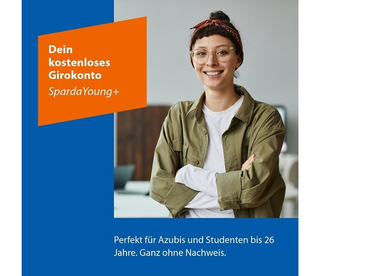 Eine junge Frau lächelt in die Kamera; dazu der Text "Dein kostenloses Girokonto, SpardaYoung+ "