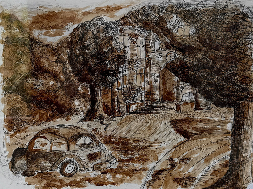 Gemälde aus Kaffee - Auto in einer Landschaft
