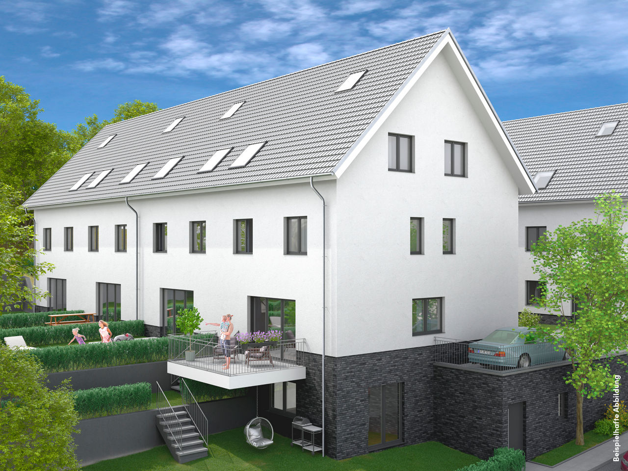 Abbildung einer modernen Immobilie in grüner und ruhiger Lage mit abgetrennter Gartenfläche