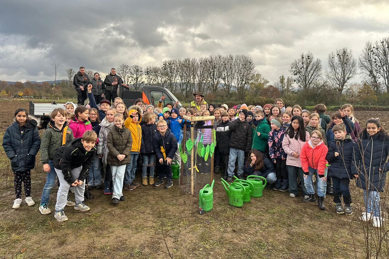 Schulklasse auf einer Streuobstwiese