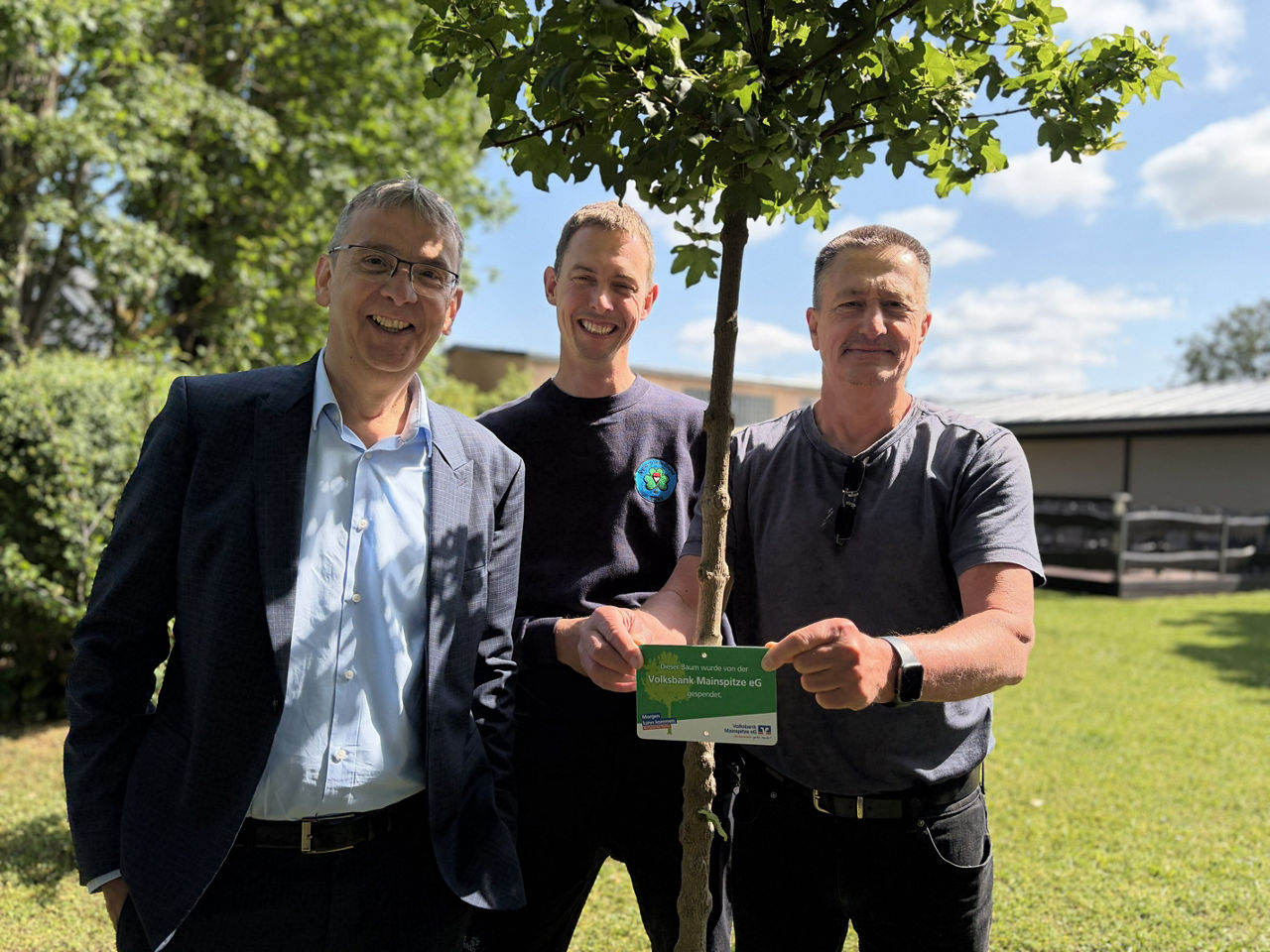 Drei Männer stehen vor dem neugepflanzten Baum und halten das Baumspendenschild der Volksbank Mainspitze in den Händen