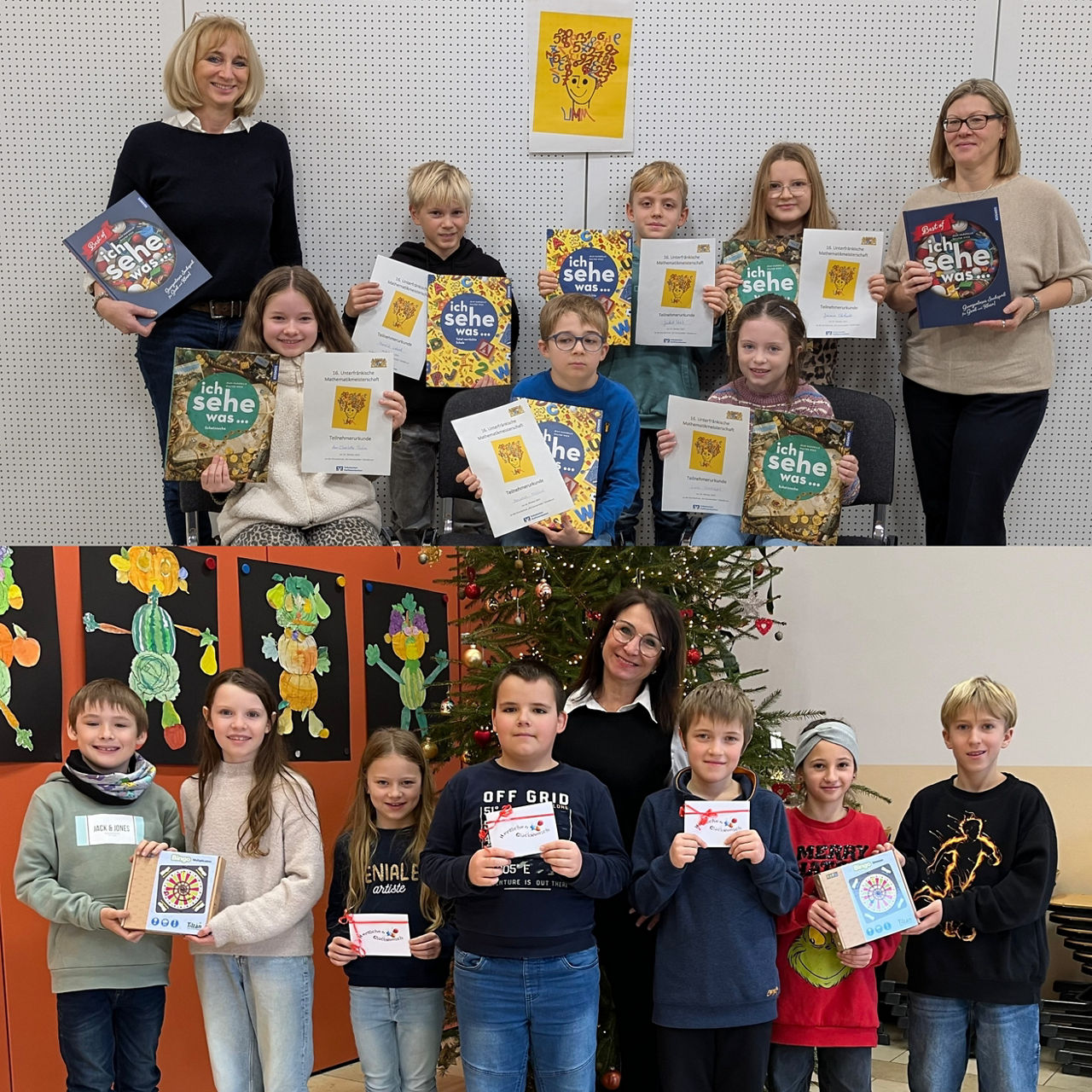 Oben: Schülerinnen und Schüler der Grundschule Am Sonnenteller in Dittelbrunn gemeinsam mit den Kolleginnen der Raiffeisenban