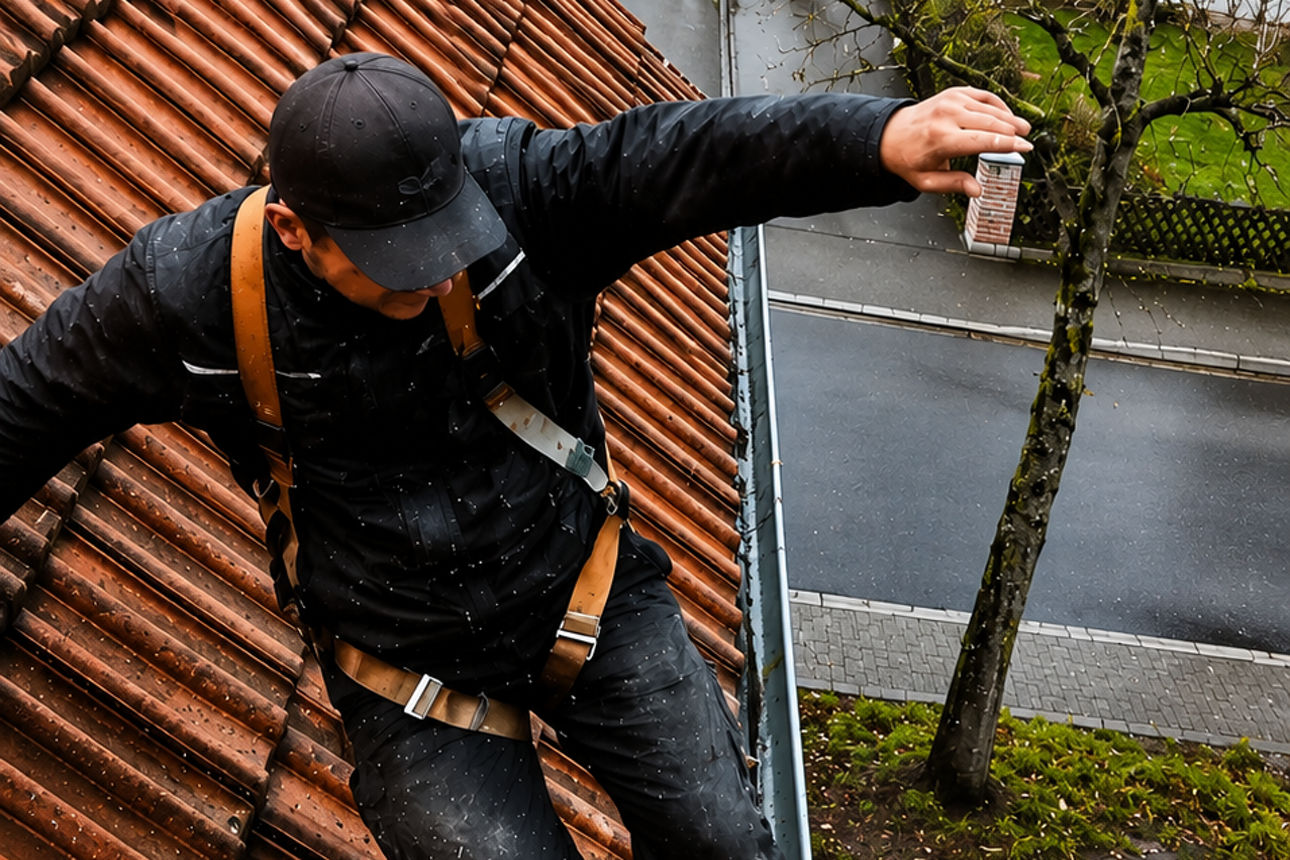 Ein Dachdecker der vom Dach stürtzt. 