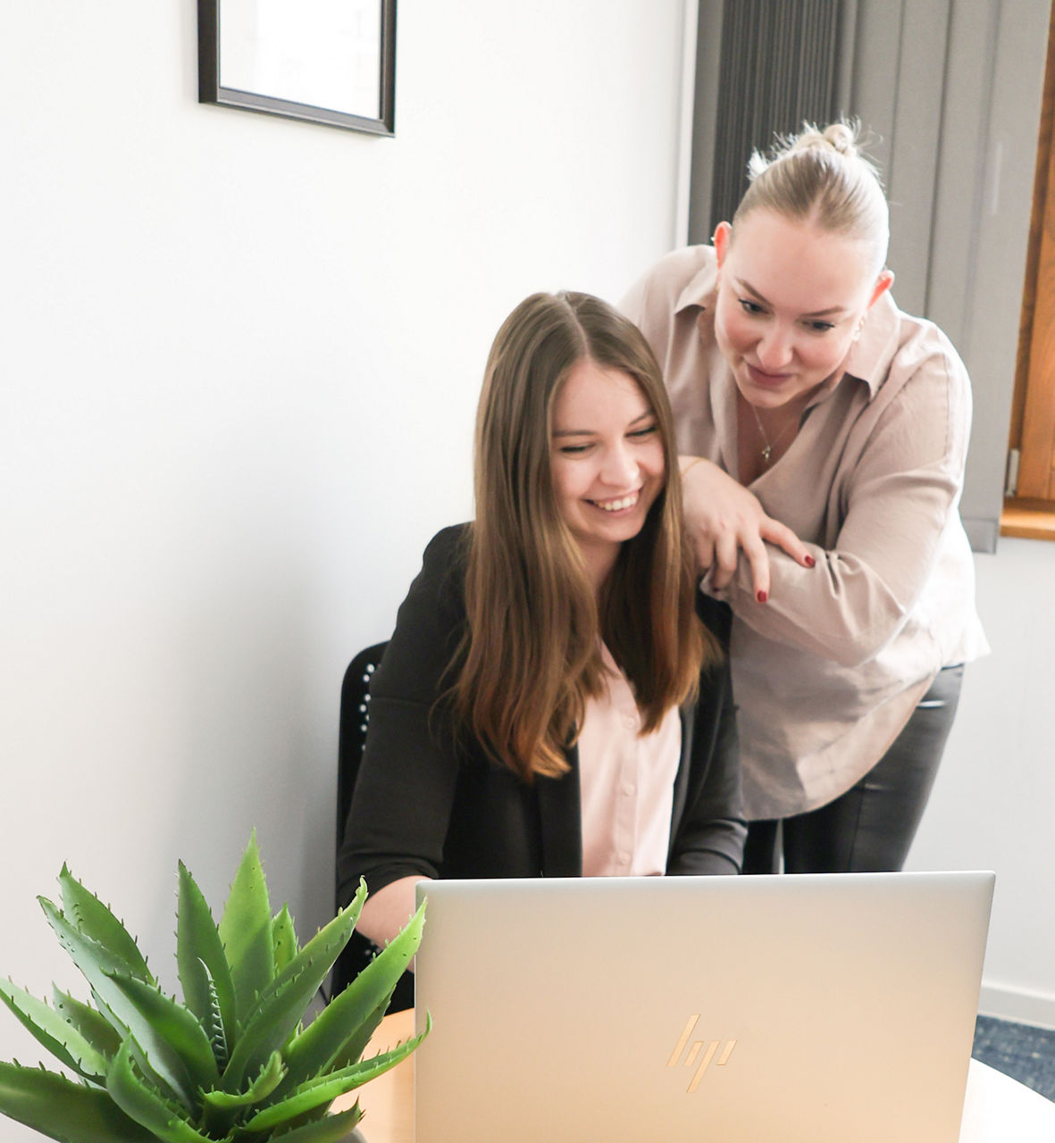 Zwei Damen sitzen vor einem Laptop