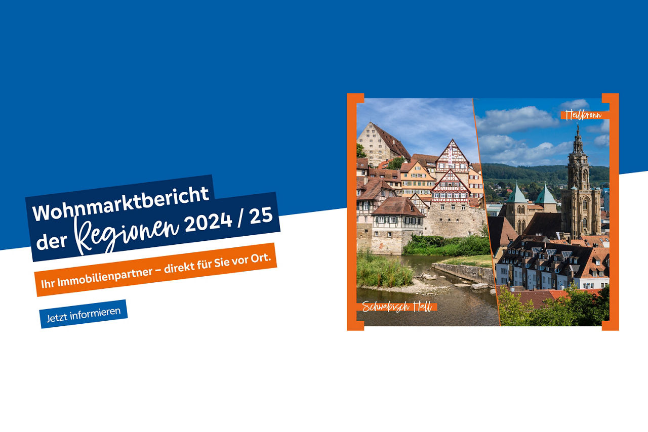 Auf der linken Seite steht auf blauem Hintergrund der Text „Wohnmarktbericht der Regionen“ und „Ihr Immobilienpartner – direkt für Sie vor Ort“. Rechts im Bild sind zwei Fotos: links die Altstadt von Schwäbisch Hall, rechts die Innenstadt von Heilbronn.