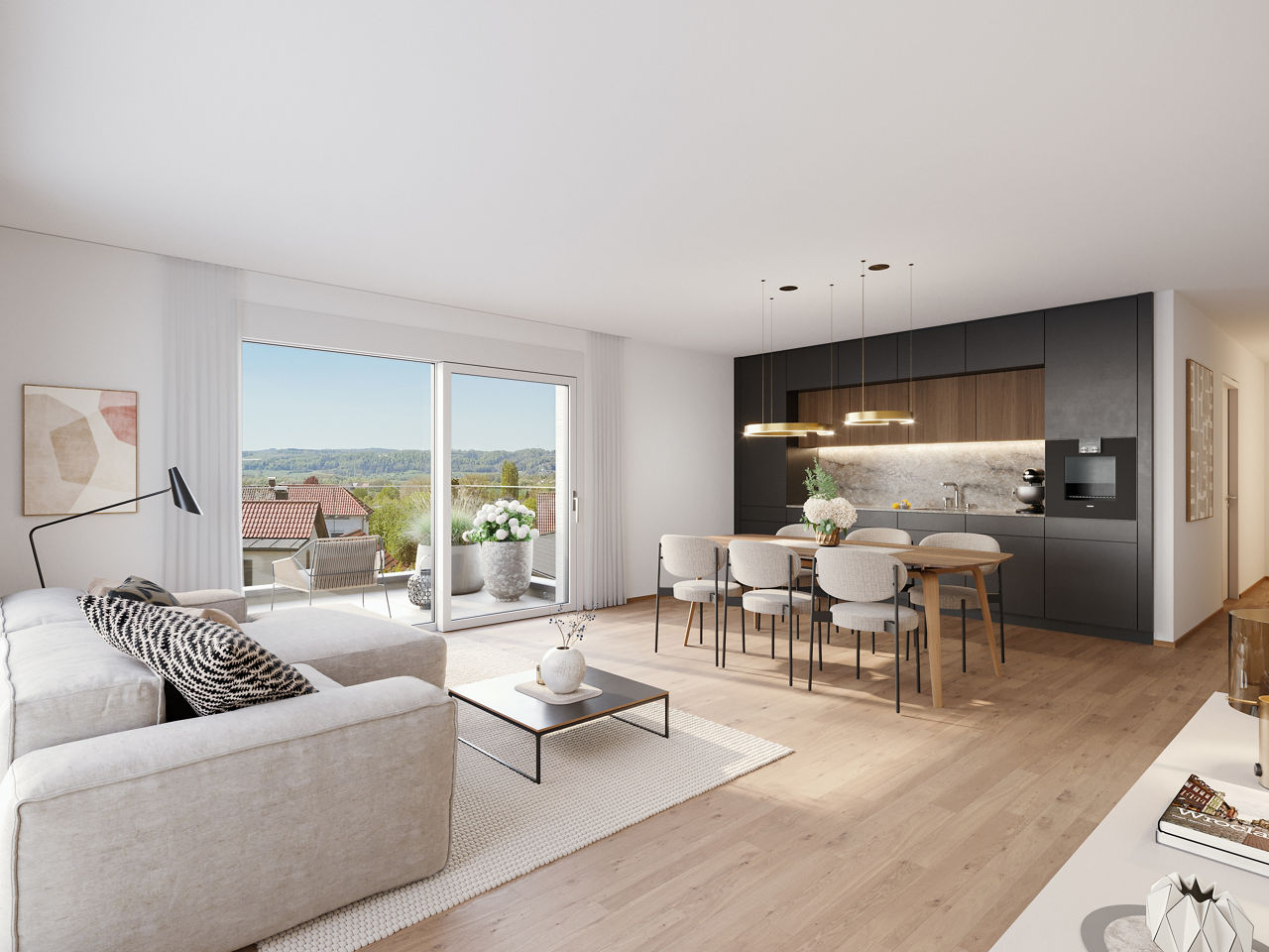 Offener moderner lichtdurchfluteter Wohnbereich mit Wohnzimmer und offener Küche
