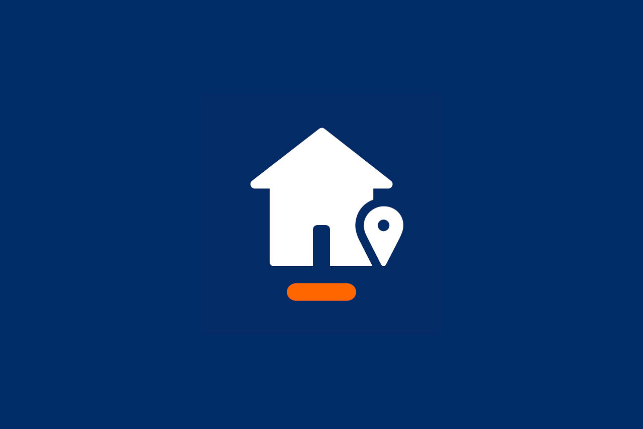Symbol eines Hauses mit Standortmarker auf dunkelblauem Hintergrund
