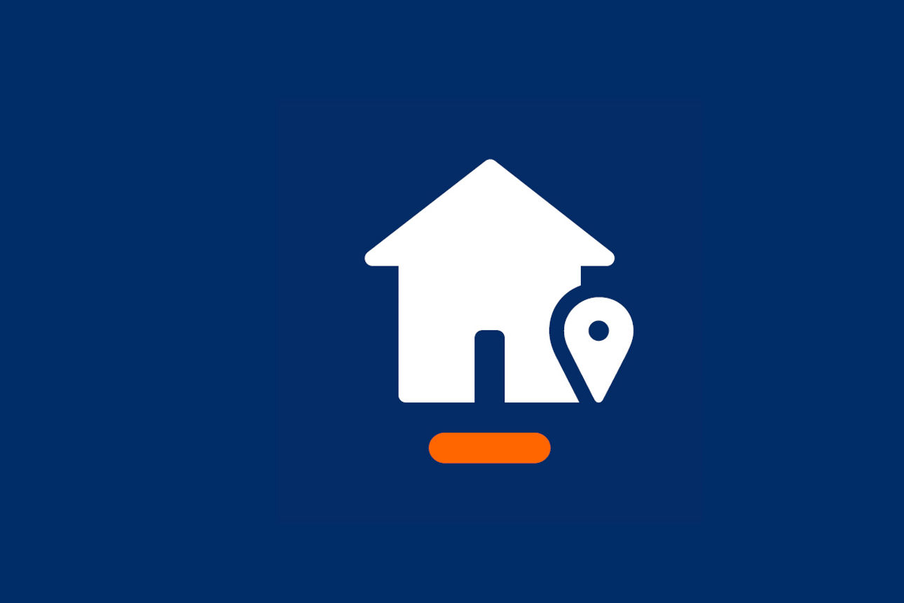 Symbol eines Hauses mit Standortmarker auf dunkelblauem Hintergrund