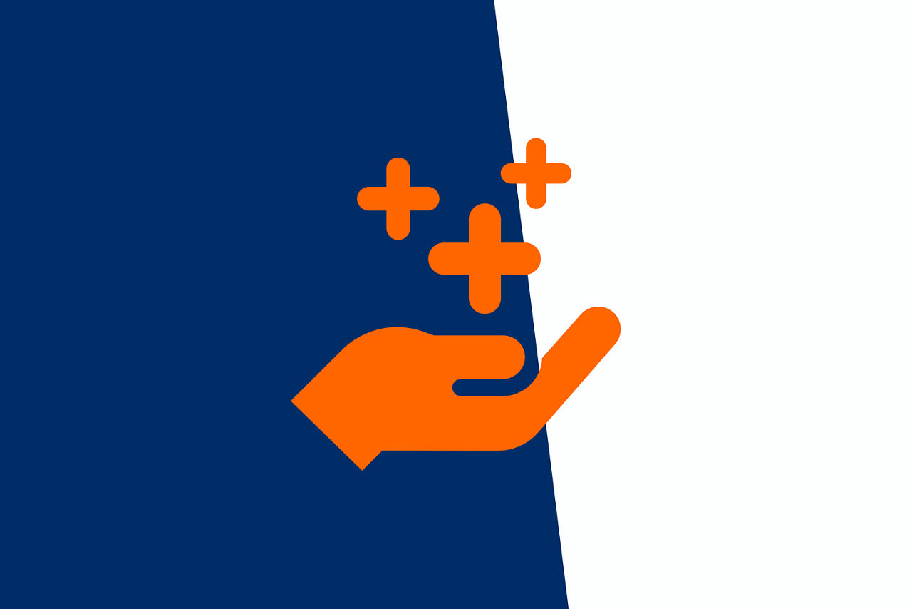 Icon Hand mit Pluszeichen in orange mit blau-weißem Hintergrund