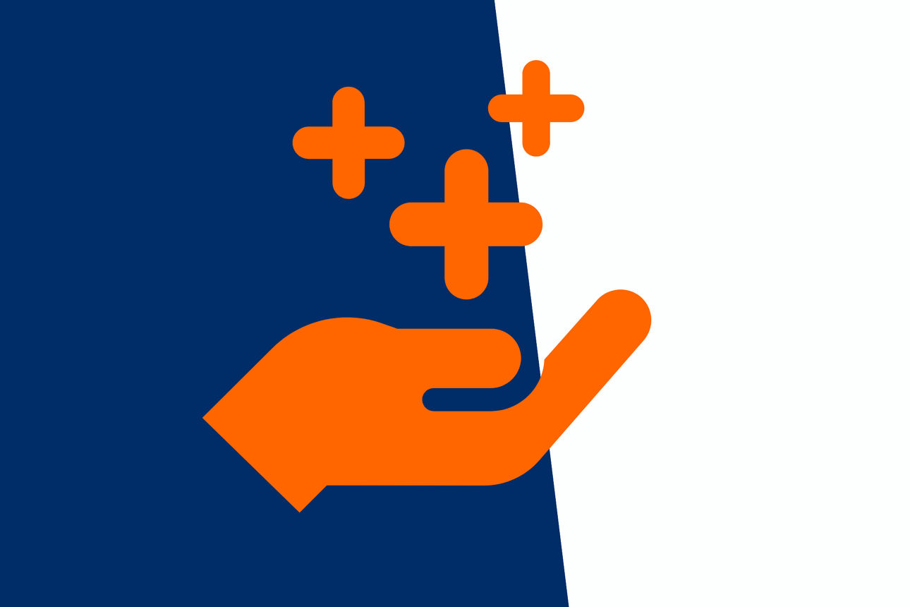 Icon Hand mit Pluszeichen in orange mit blau-weißem Hintergrund