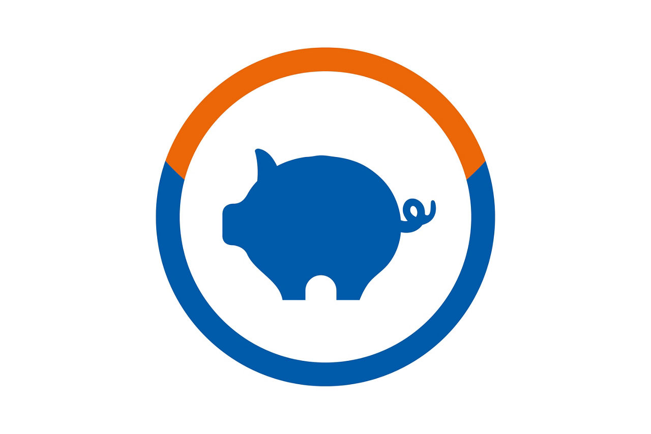 Blaues Schwein in einem orange-blauen Kreis
