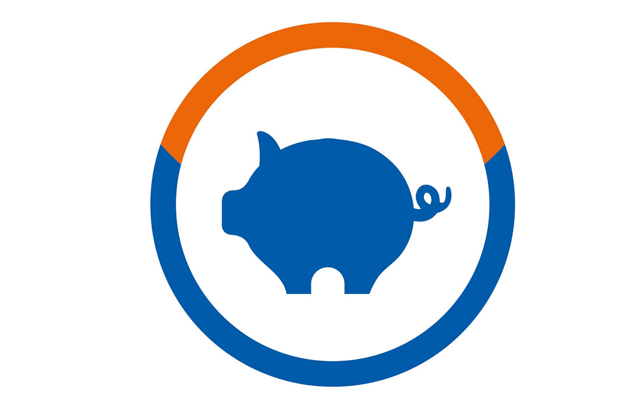 Blaues Schwein in einem orange-blauen Kreis