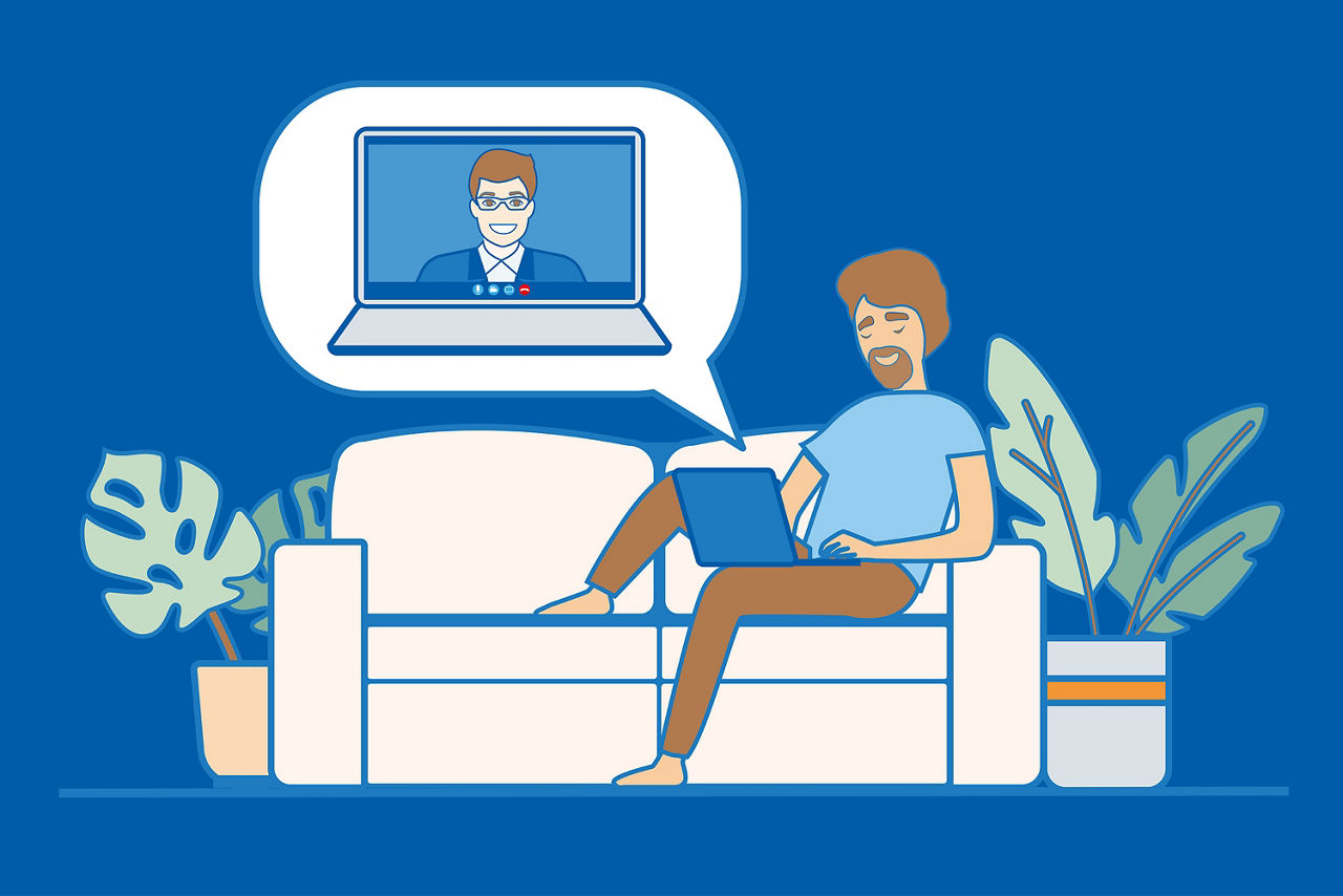 Abbildung zeigt die Illustration eines Mannes, welcher auf der Couch sitzt und eine Videoberatung durchführt