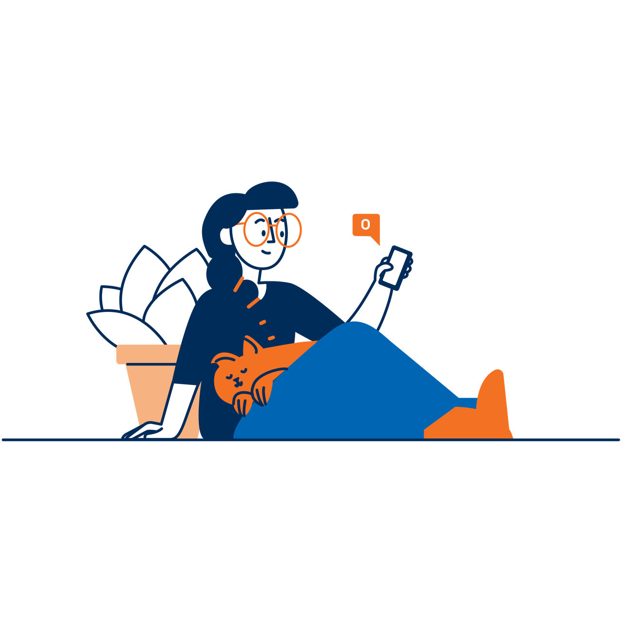 Illustration von einer Frau mit Katze auf dem Schoß und Handy in der Hand