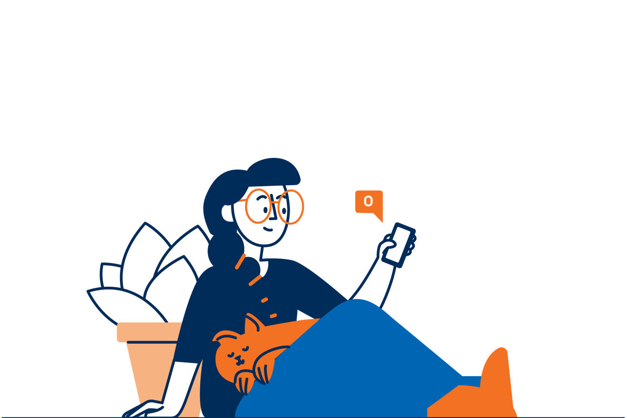 Comiczeichnung von einer Frau mit Smartphone und Katze