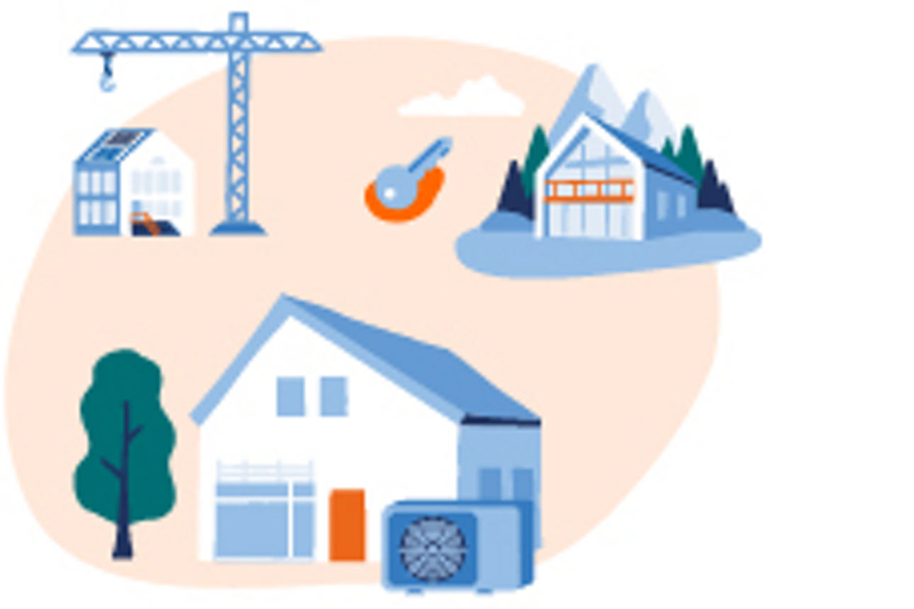 Illustration mit Haus, Kran und Baum