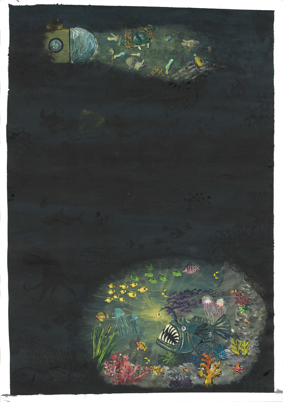 Gemaltes Bild, viel schwarz, Lichtausschnitte mit Fischen im Wasser im Lichtkegel