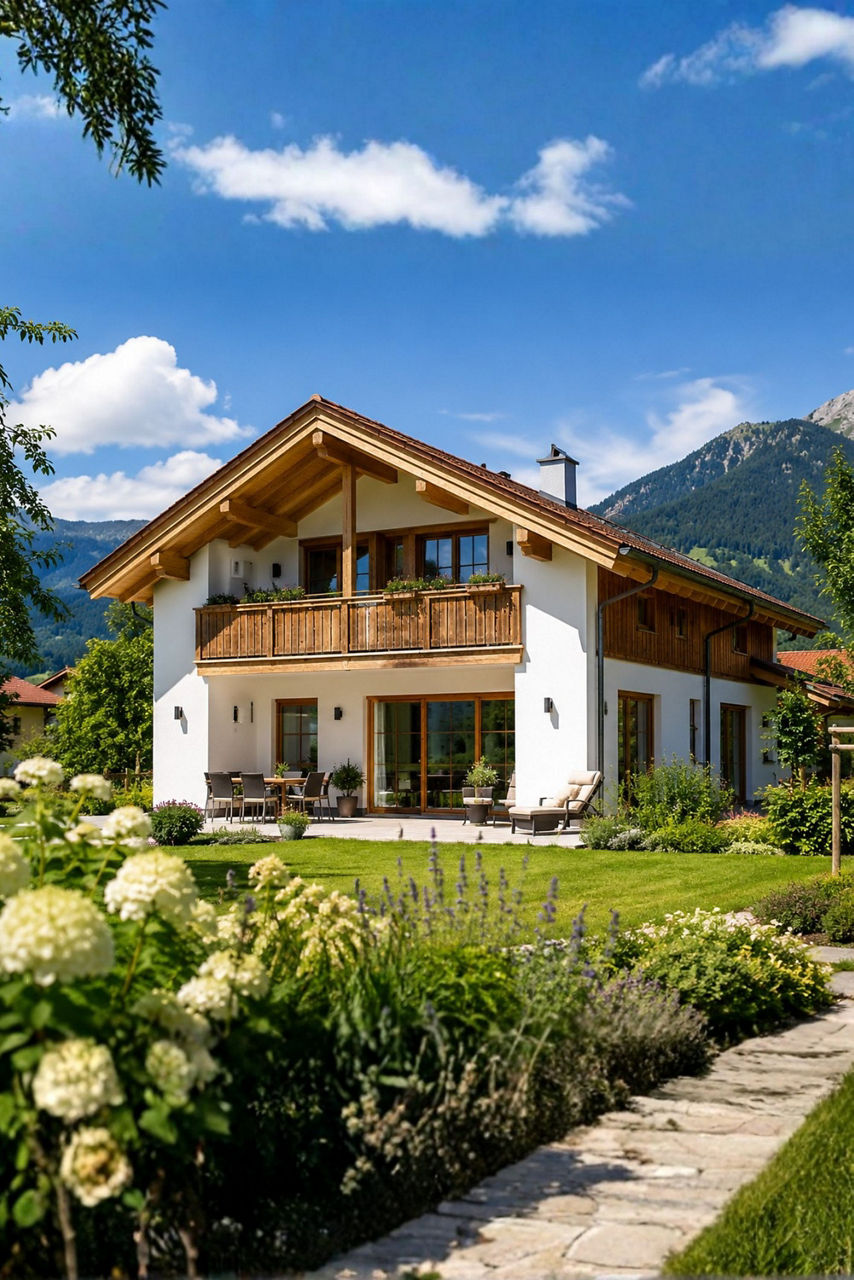 Modernes Einfamilienhaus mit Garten und Bergblick bei sonnigem Wetter.