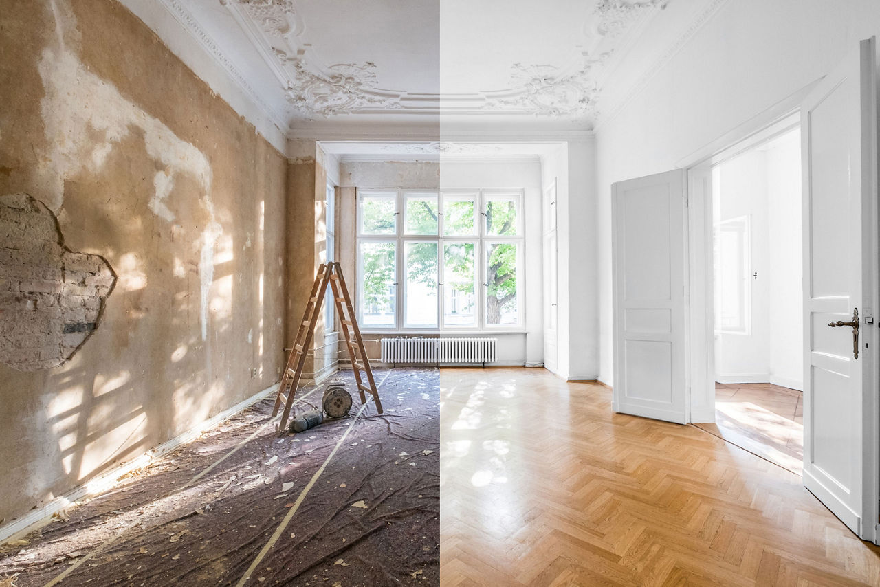 Vorher-Nachher Bild einer Wohnraumsanierung – von Altbau zu modernem Wohnraum.