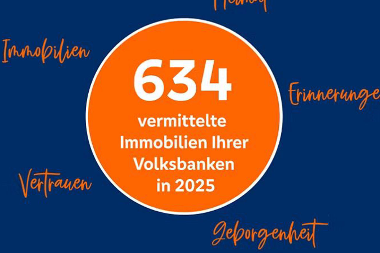 Schriftzug "634 vermittelte Immobilien Ihrer Volksbanken in 2025. Immobilien, Heimat, Vertrauen, Erinnerungen, Geborgenheit"