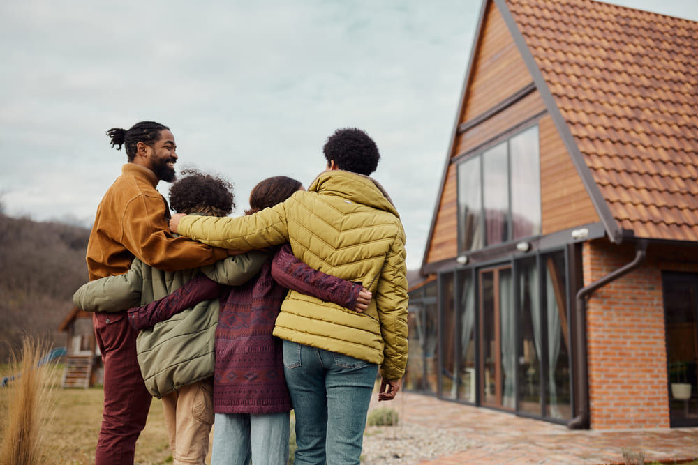 Eine Familie steht Arm in Arm vor ihrem neuen Zuhause