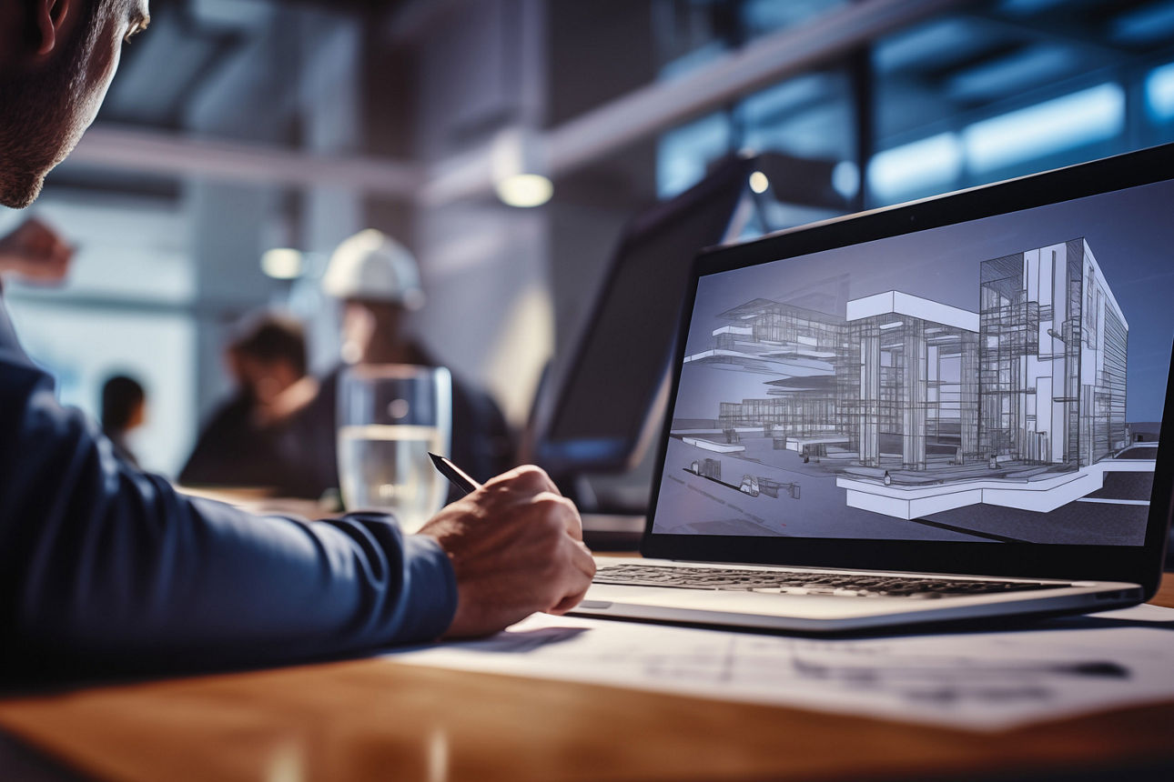 Mann am Laptop entwirft eine Immobilie