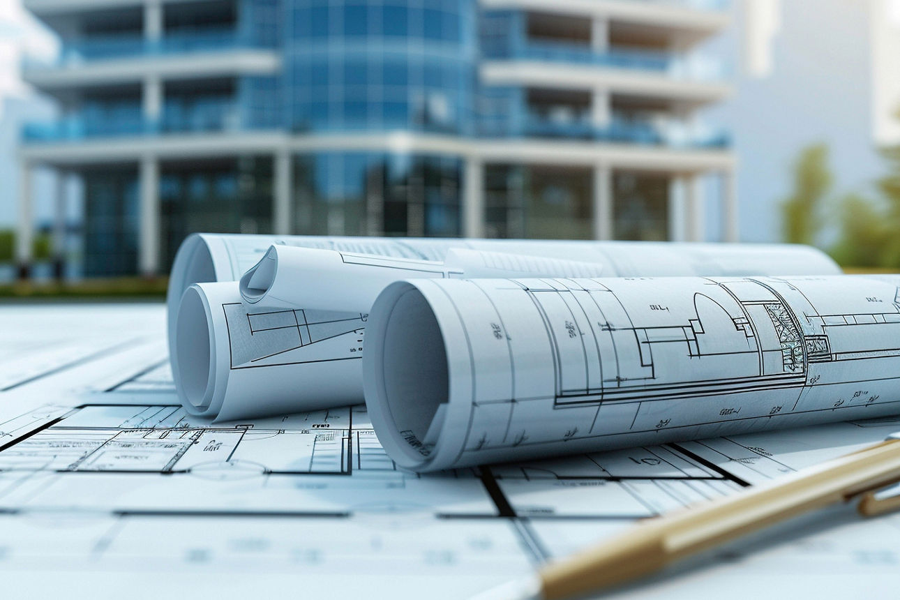 Ein Haus in der Mitte mit Gerüst umgeben von gezeichneten Bauplänen und zwei weiteren Häusern