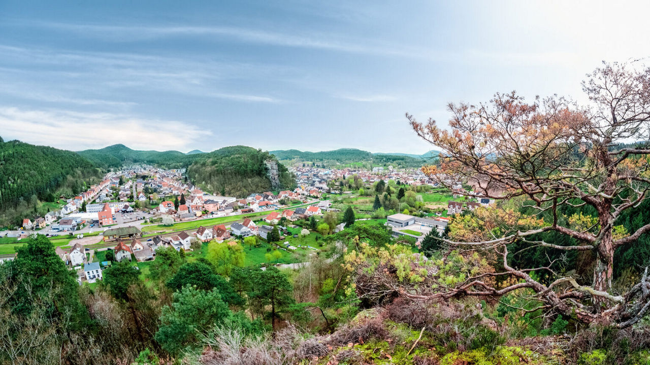 Panoramablick auf eine idyllische Stadt inmitten grüner Hügel, mit Bäumen im Vordergrund und blauem Himmel.