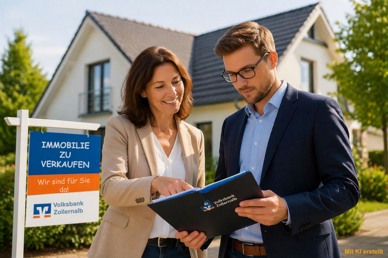Zwei Männer mit Unterlagen in einer Hand vor einem Haus