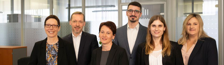 Die Mitarbeiter der Raiffeisen Immobilien GmbH stehen in einer Reihe und lächeln. Sie tragen Business Kleidung. Es handelt sich um zwei Männer und vier Frauen.