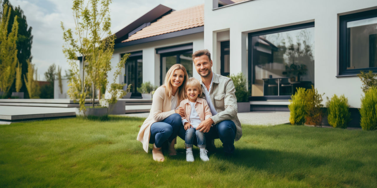 Glückliche Familie steht vor ihrem neuen Haus.