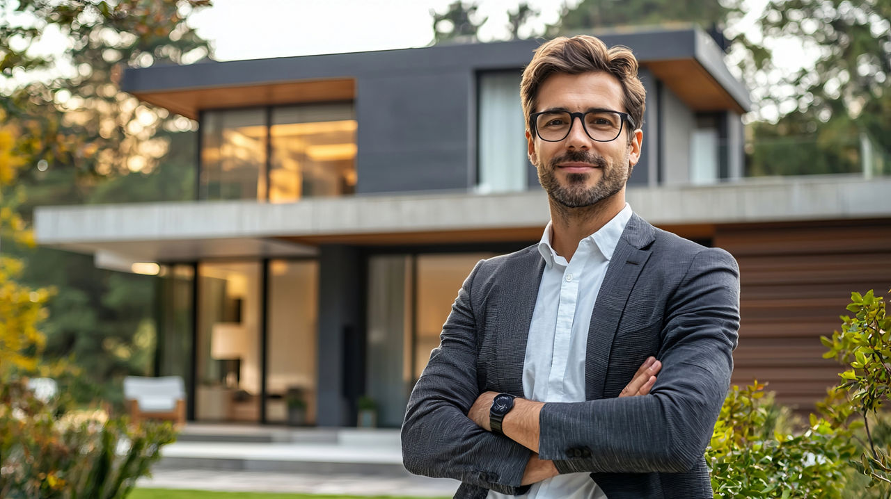 Zuversichtlich Immobilienmakler steht vor einem modernen Luxushaus