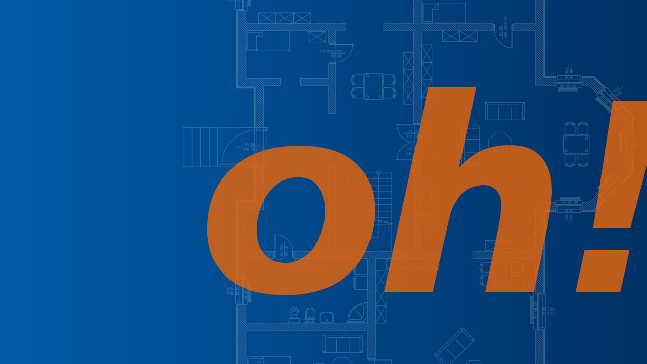 Bild mit Grundriss auf blauem Hintergrund und einem oh! für Immobilien
